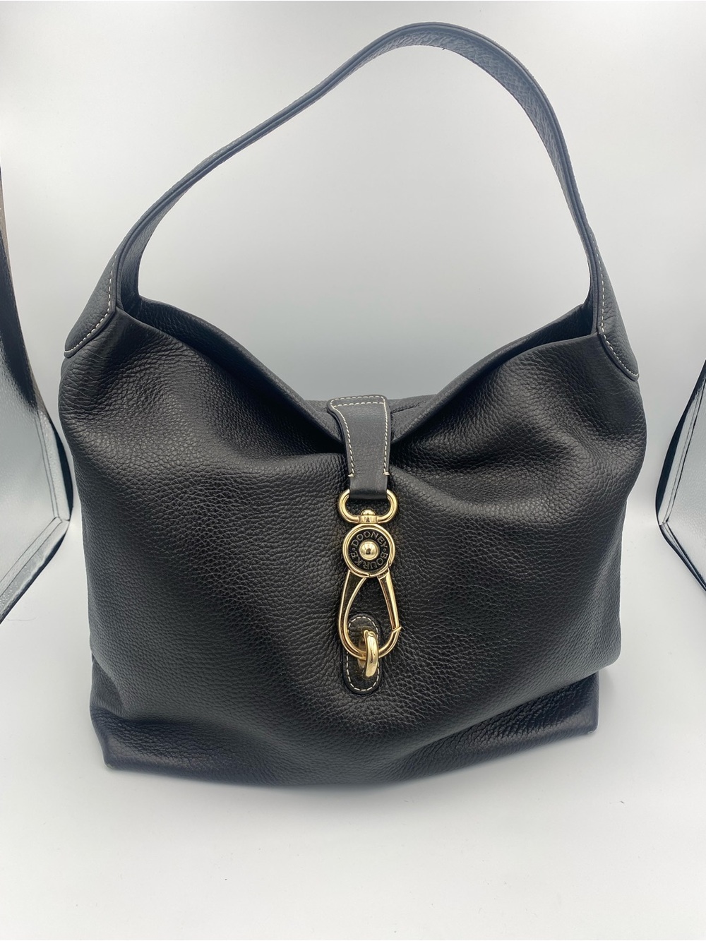 Dooney & Bourke Black Leather Shoulder Hobo with Gold Hardware Accent